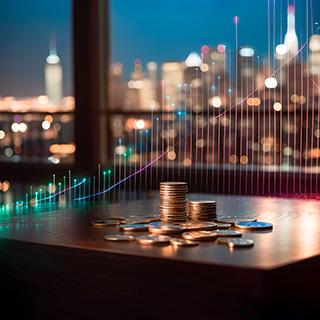 Coins on a table with a city in the background and economic grap